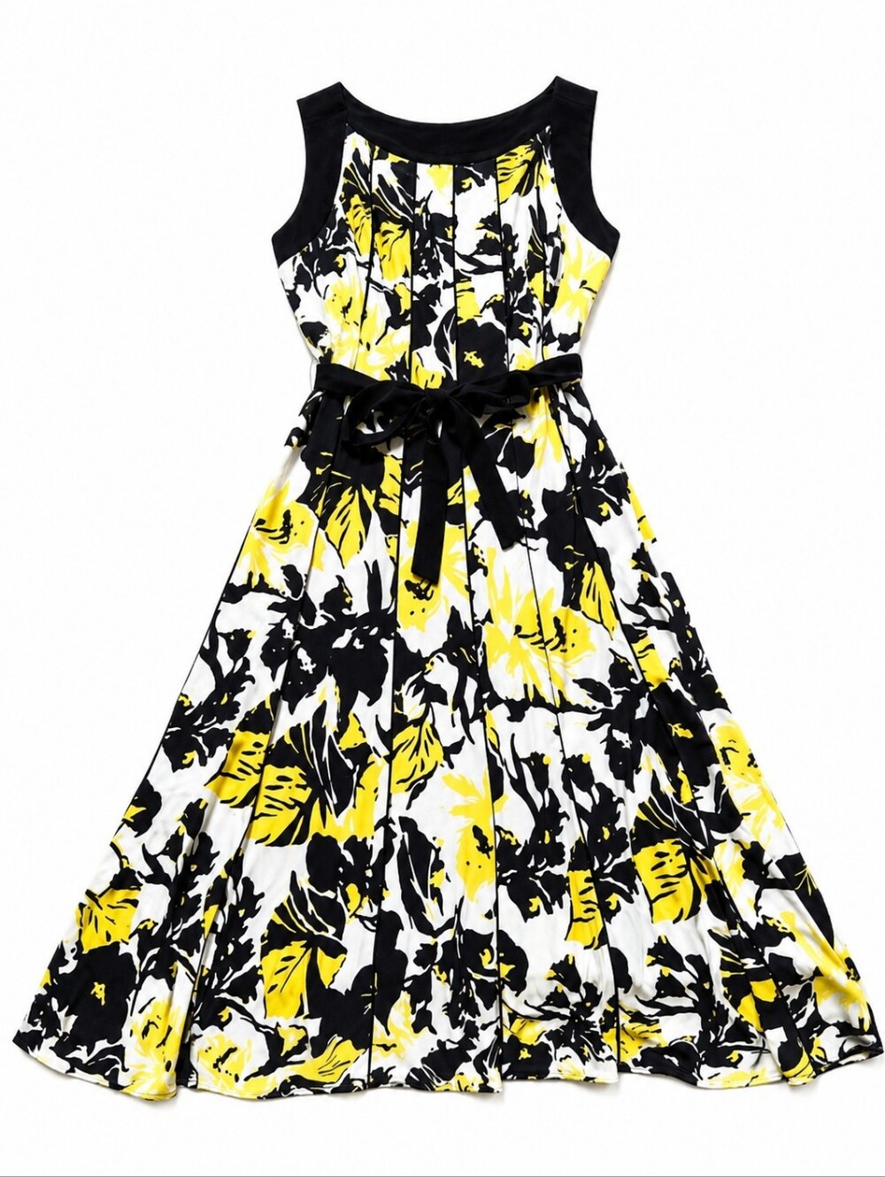 Perceptions New York Yellow Black Floral Fit & Flare Belted Dress